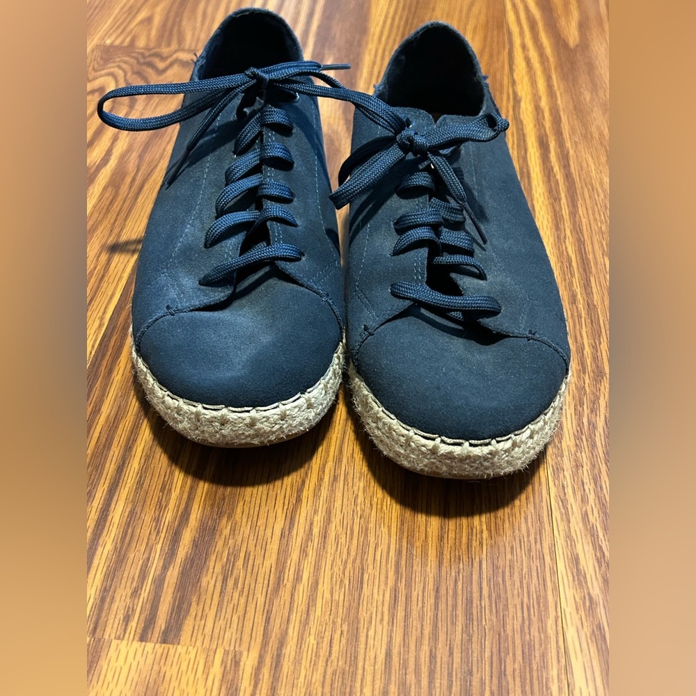 Toms Espadrille Sneakers Women 8 Navy Blue Canvas Jute Lace-up Resort Vacation
